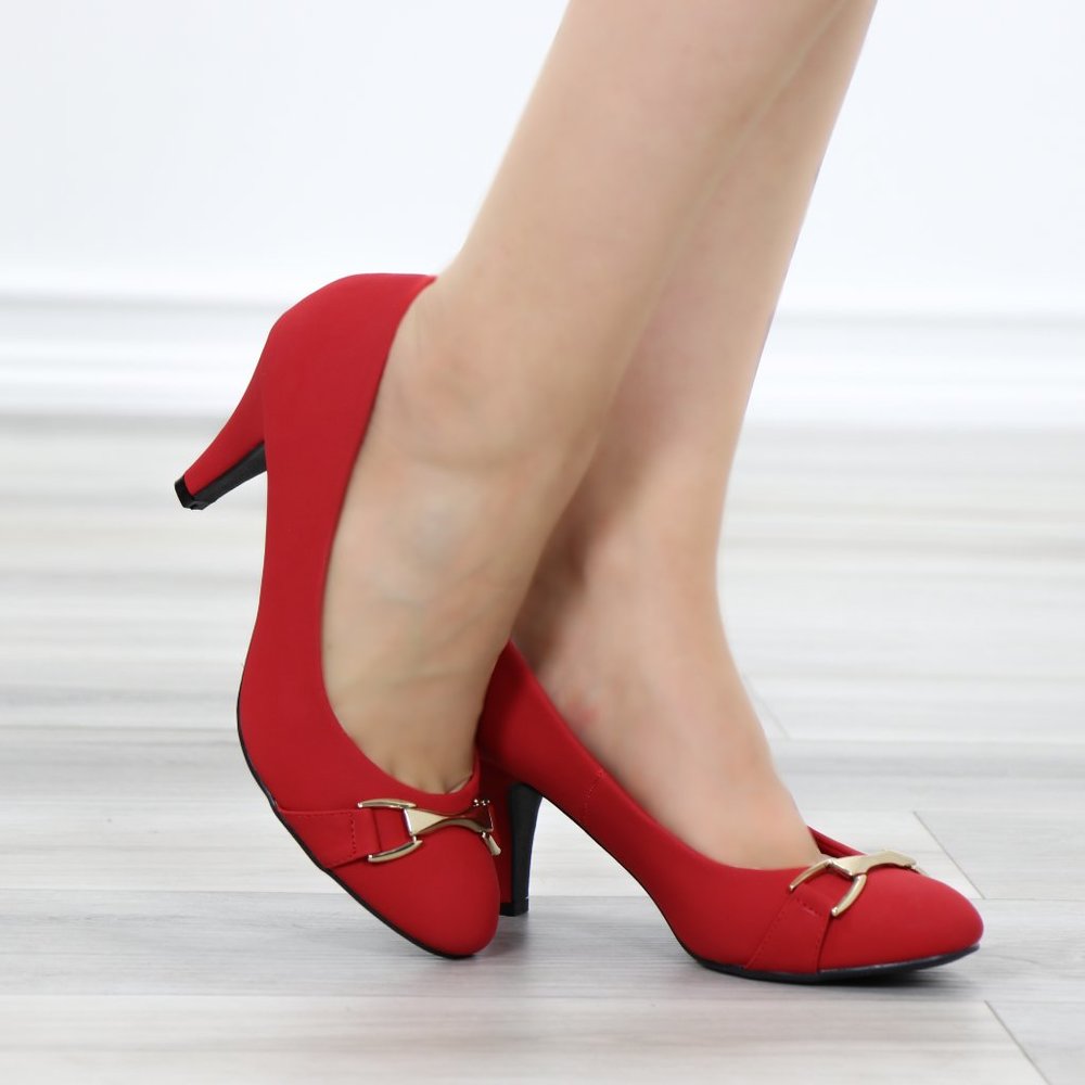 Red Vintage Style Round Toe Comfort Pumps - Picture 4 of 11